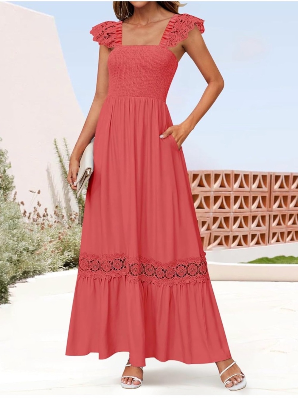 Women’s Coral Maxi Dress with Lace Trim